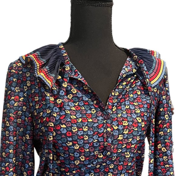 1960s colorful abstract pattern blouse with striped frill collar - Picture 4 of 8